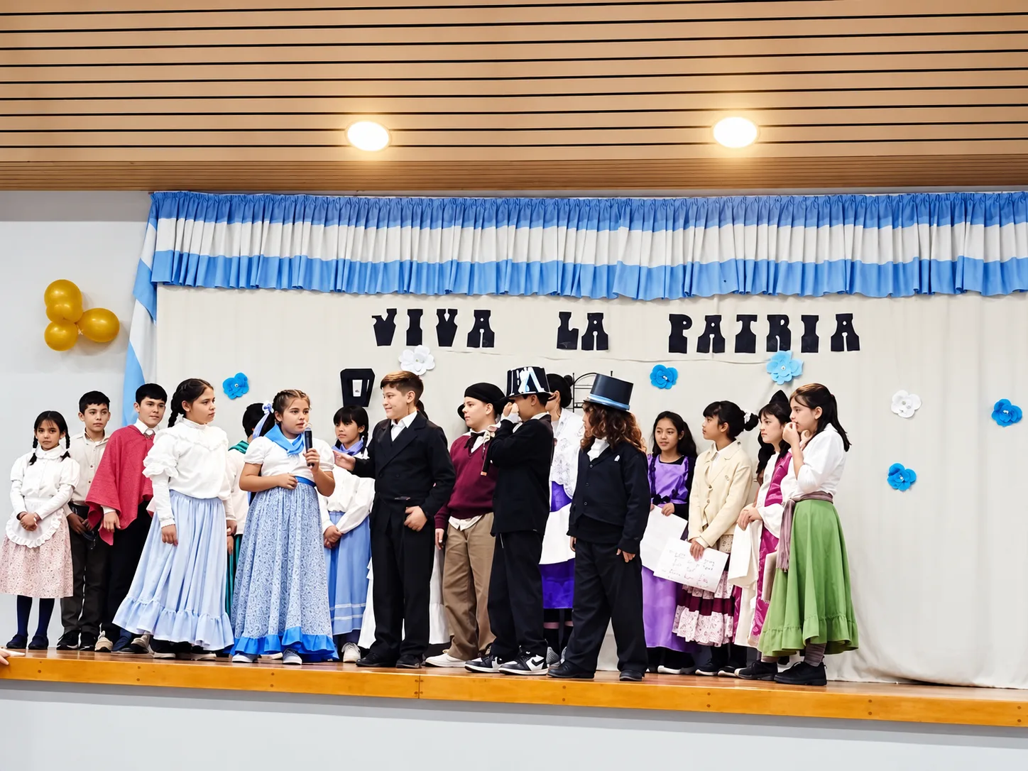 Alumnos con vestimenta de época en el escenario del salón de actos