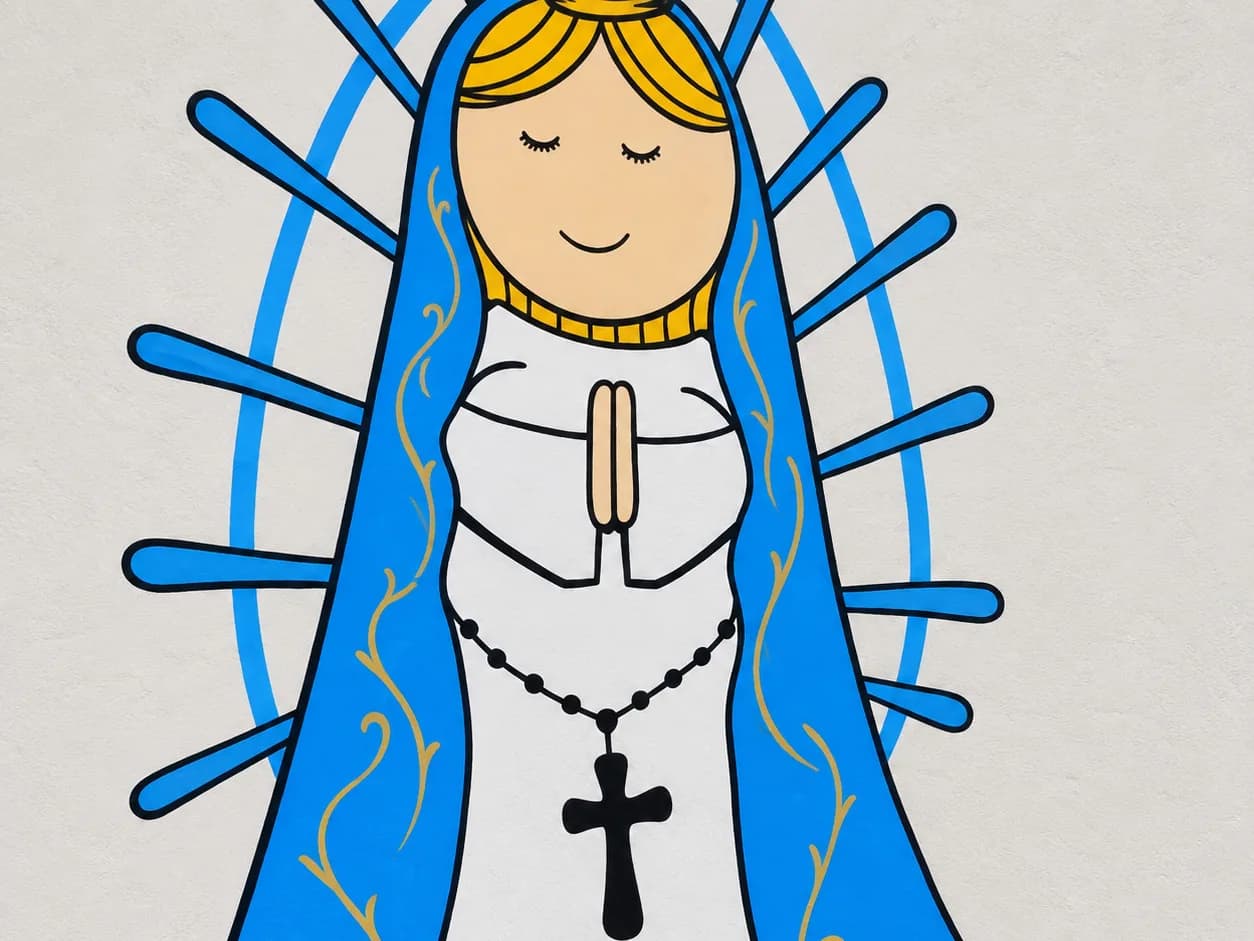 El mural de la Virgen de Luján pintado en una pared de la escuela