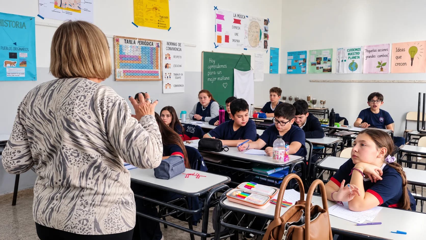 Una clase en el aula, con la docente adelante