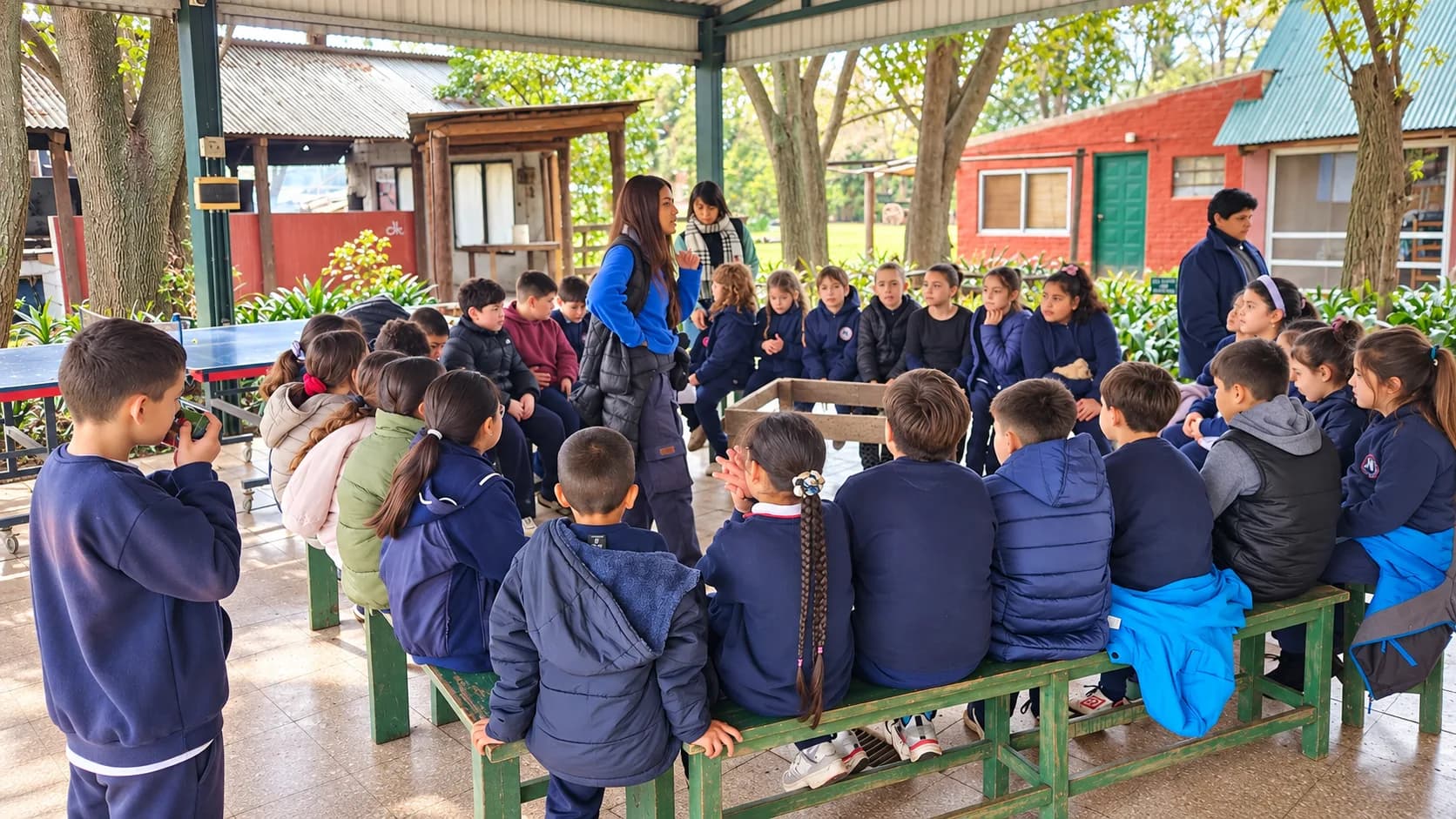 Los chicos escuchando a la guía en la salida a la chacra